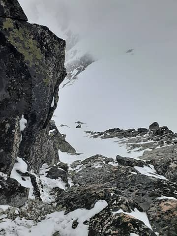 Looking down the 4th class summit block of the north (true) summit
