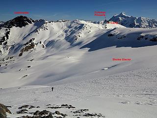 Ascending the north ridge of West Portal after crossing the foot of the Sholes Glacier