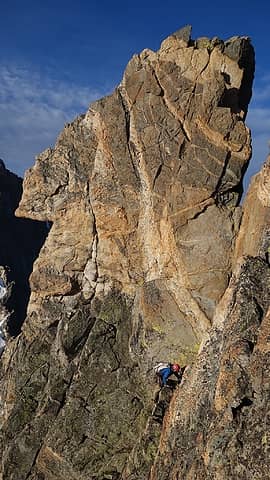 Gendarme on the crest with very exposed scrambling