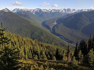 Looking up the Suiattle River valley.  Note the Flower Dome burn on the left
