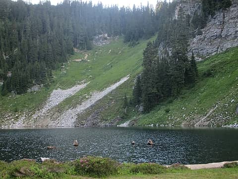 Cub Lake with route up to Bachelor Creek