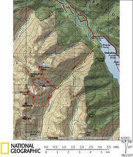 Tupshin & Devore Approach Map  Yellow line is approach hike.  White line is unused hike from Harlequin bridge.  Red lines are summit routes.