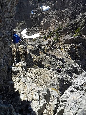 the steep ramps down below the final gully that lead up to the "summit bowl"