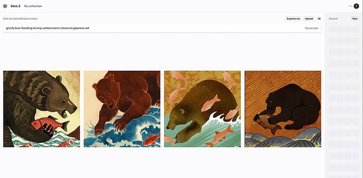 grizzly bear feasting during salmon run in classical japanese art