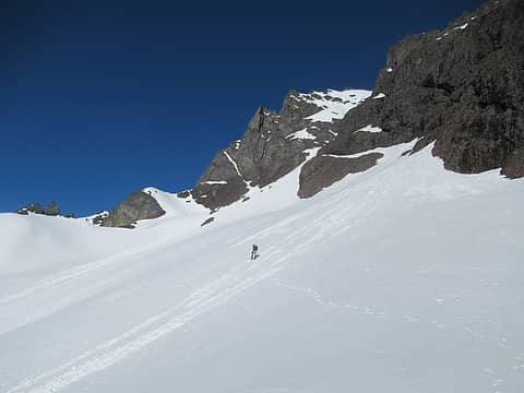Reed breaking trail toward the first couloir