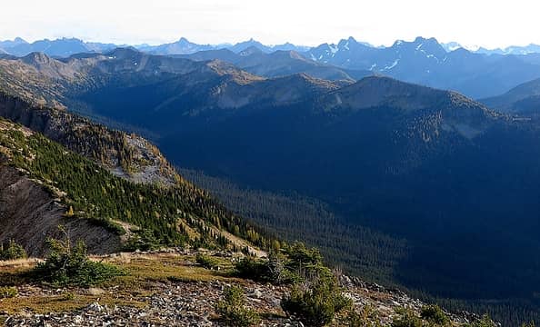 A view up the West Fork Methow to Slate Peak & Tamarack Ridge.  Peaks on the horizon are The Needles, Tower, Golden Horn, Azurite, & Ballard