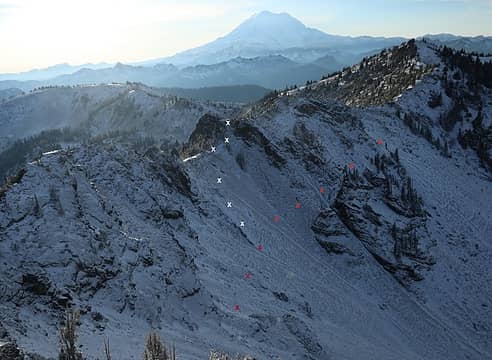 Looking back at paths on the scree (white x's approach, red x's exit)