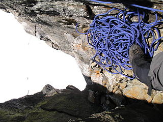 Looking down from the belay in the chimney.