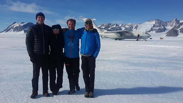 Left to right: Dave, Urszula, J.P. and Ossy at blue-ice runway prior to departure for Punta Arenas. Photo courtesy of Ossy.
