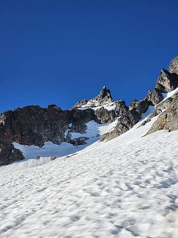 Degenhardt on the traverse. Couloir to the Upper Barrier crossing is obscured here