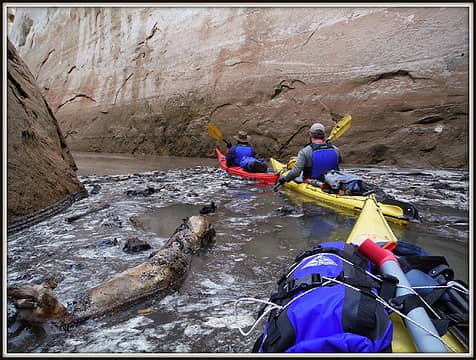 Paddling into Secret Canyon, lots of debris in the water from the rain overnight.