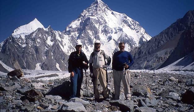 K2 from somewhere near Concordia, this is the three paying trekkers, me in the middle. I think we did the trip in July