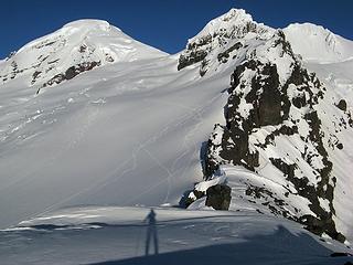 Casting a shadow toward Baker, and lots of ski tracks