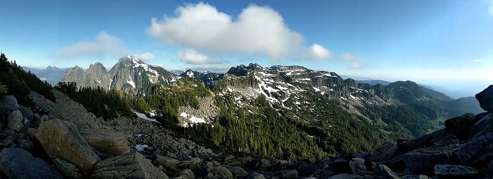 View of the traverse from the boulder field below Persis tarns.