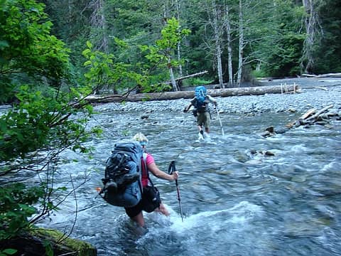 Crossing the North Fork of the Quinault at Sixteen Mile Camp.
