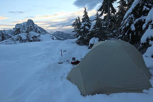 Camp the next morning, after digging gear out of the drifted powder.