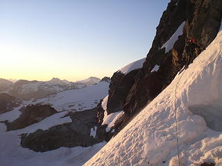 Don climbing above the bergschrund.