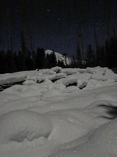 Diamonds above and below (hoarfrost in the snow, and the ladle of the Big Dipper above Rainier)