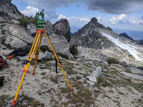 Taking a measurement from the saddle to the summit of Enchantment Peak NE, June 2023