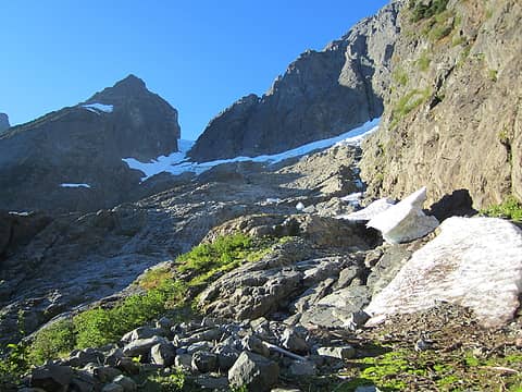 Looking up towards Cascade Peak and the C-J Col.