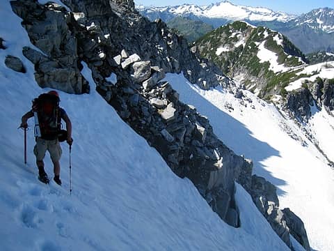 falling traverse to reach saddle leading to bench mountain (right)