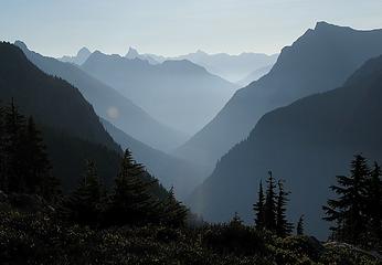 Early morning view down Little Beaver valley toward Hozomeen peaks