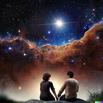 Couple holding hands and stargazing at night sky