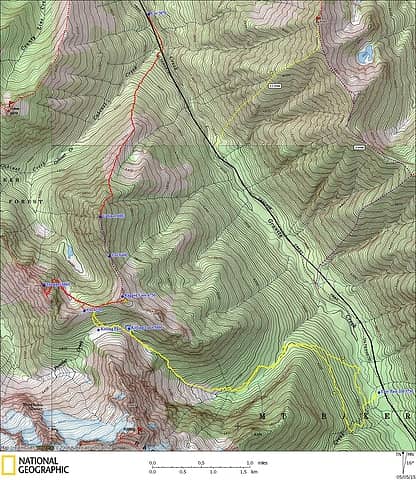 Ragged View GPS Track.  Yellow line is our route to camp.  Red line is our route to Trumpet Peak.  Ignore the other lines for now.