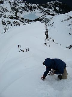 Yana descending the summit pitch