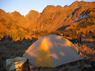 Camp at sunset in Snowgrass/Ladies Basin.