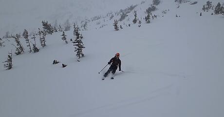 Skiing down the SE face