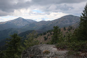 Old Baldy (left) and McCay. Note  FS37 descending from Baldy Pass.
