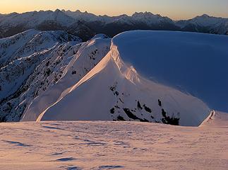 Alpenglow on the cornices below our camp