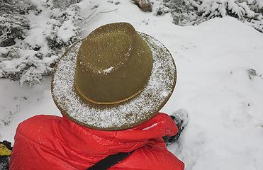 Snow accumulation on Gabriel's hat