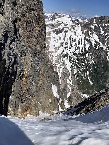 Looking down the couloir and across to the Neve-Colonial Col