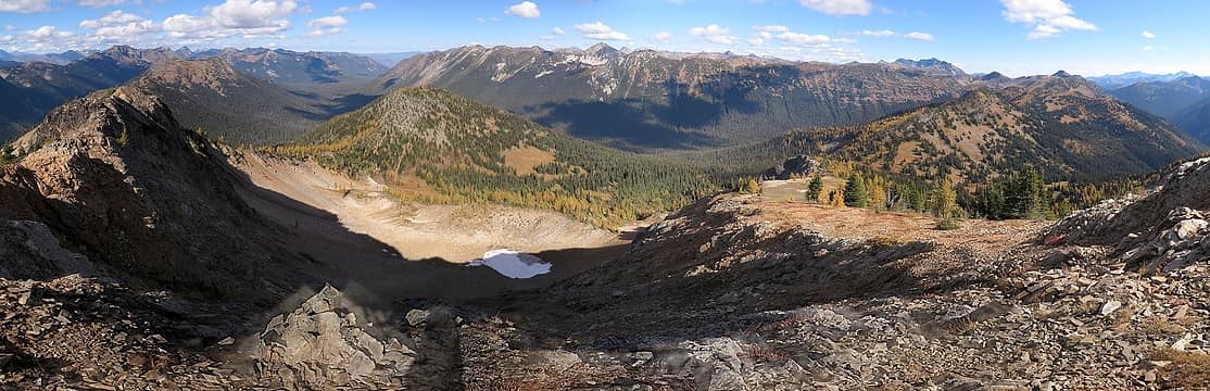Panoramic view of our trip from Tamarack's summit, from Jim Peak at left to Gold Ridge in the center to Slate Peak at right.
