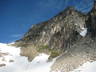 Looking up at Pocket Peak and the South Rib from the southeast basin