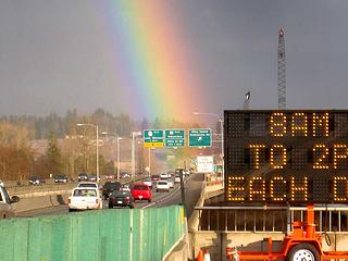 cars drive into rainbow!
