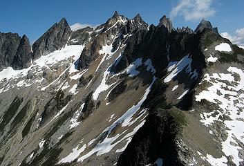 Southern Pickets above Crescent Creek Cirque (also camp marked)
