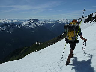 Geoff traversing.  The antenna strapped to his backpack is actually connected to a tiny personal locator beacon implanted in his lower back..