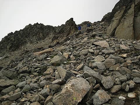 larman and rodman coming down the gully.  A lot of these boulders were loose and there was more scree and small rock than the pic shows.