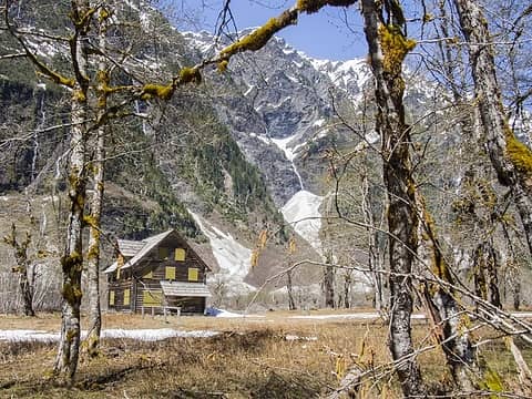 Enchanted Valley Chalet in Olympic National Park waking up from Winter