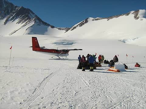 Climbers waiting to board Twin Otter at Vinson Base Camp