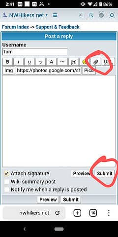 Click on paperclip icon, select image, wait for upload to complete, then hit submit