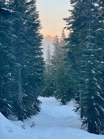 alpenglow while hiking down along the ski trails