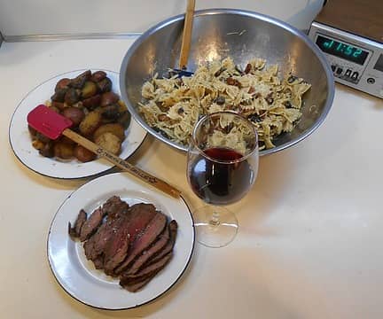 buffalo sirloin, roasted potato and mushroom, and pasta salad 08/04/23