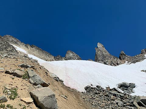 Snowfield below Horseshoe. We ascended the scree-y rib up to this snowfield shown on the left side of the photo