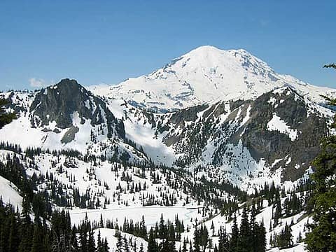 The crowning jewel of our day. Upper Crystal Lake was beautiful framed by Crystal Peak (right), Point 5706 (left) and Mt. Rainier (duh).