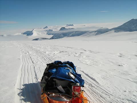 Photo of the "barge" I was towing, looking down the Branscomb Glacier.