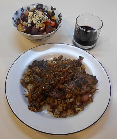 pan fried lamb blade steak on potato with shimeji mushroom glaze and salad 10/10/22